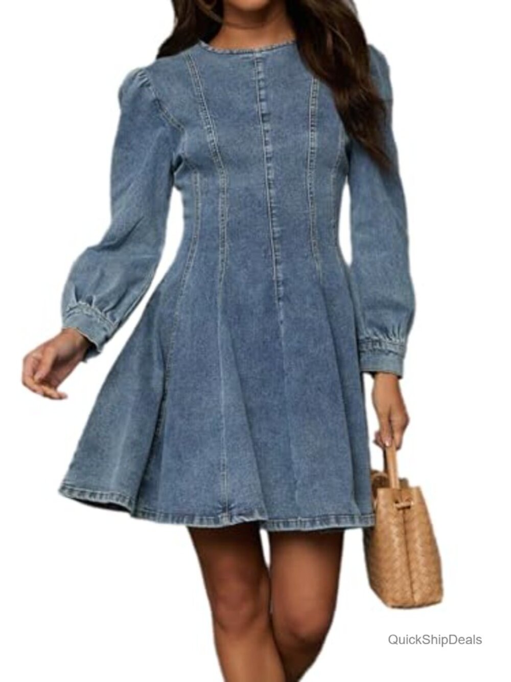 Conshvi Denim Shirt Dress Long Sleeve Crewneck A Line Mini Jean Dress